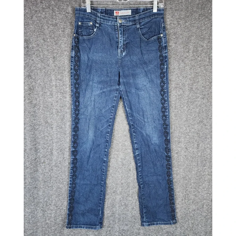 COS Jeans Pants Womens 6 Straight Blue Embroidered Rhinestone Side Stripe EUC